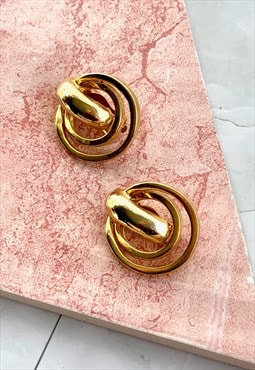 90s Gold Double Ring Earrings Chunky Vintage Jewellery 