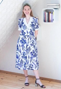 White and blue patterned vintage dress