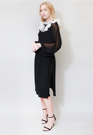 VINTAGE 1970'S WHITE COLLAR BLACK SHEER MIDI DRESS