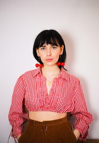 UP-CYCLED RED GINGHAM FLARED SLEEVE CROP TOP