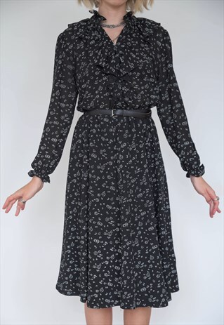 VINTAGE 70S DRESS MIDI IN BLACK WITH TINY WHITE FLOWERS