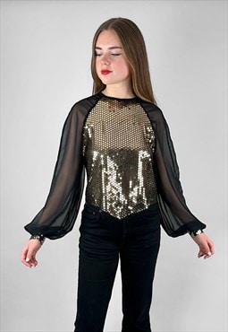 80's Vintage Gold Sequin Black Bell Sleeve Sheer Top Blouse