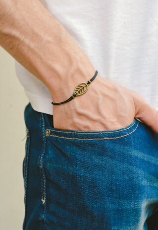 LEAF BRACELET FOR MEN, BRONZE LEAF CHARM AND BLACK CORD