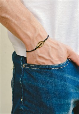 Leaf bracelet for men bronze charm black cord gift for him