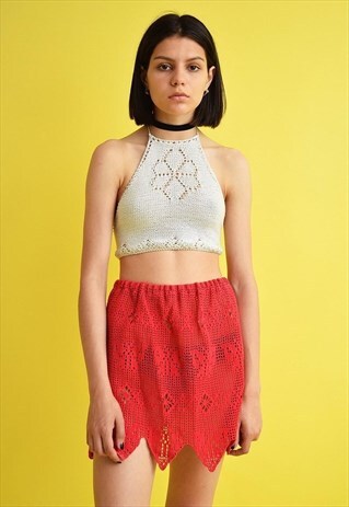 70'S STYLE BOHO MINI KNIT HANDMADE CROCHET SHEER SKIRT