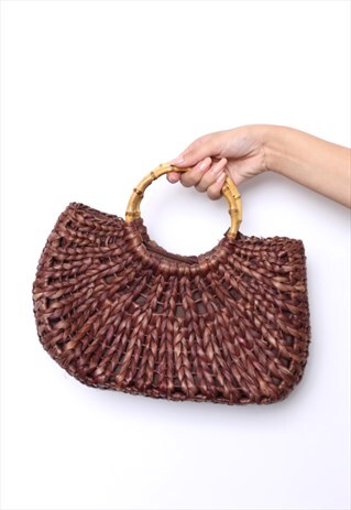 VINTAGE 90S BROWN STRAW BASKET BAG