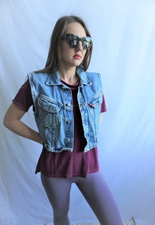 VINTAGE DENIM GRUNGE VEST JEAN BLUE BOHO JACKET CROP