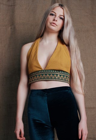MUSTARD LINEN HALTERNECK WITH INDIAN EMBELLISHMENT