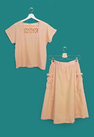 Vintage 90's Two-piece Linen Set Crop Top Skirt Peach Pink