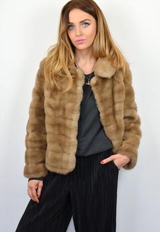 VINTAGE 90S LIGHT BROWN BLONDE CROPPED FAUX FUR JACKET