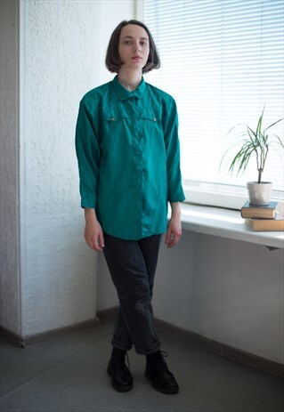 VINTAGE 80'S EMERALD GREEN SHIMMERING HIGH COLLAR SHIRT