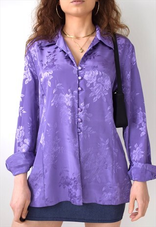 VINTAGE 80S 90S SATIN ROSE EMBOSSED LILAC LAVENDER SHIRT