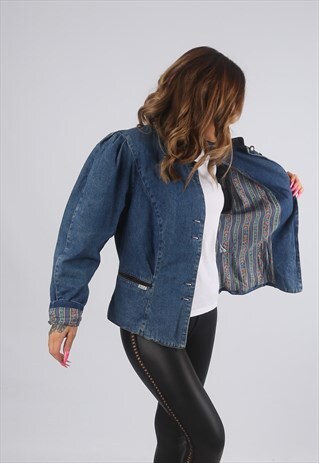 VINTAGE FITTED DENIM JACKET BLAZER FLORAL PRINT UK 14 (JH4O)