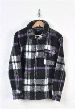 Vintage Sherpa Fleece Jacket Checked Pattern Black/Purple S