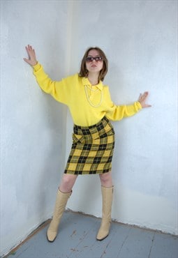 Vintage 90's crochet knitted 1/4 tailored jumper in yellow