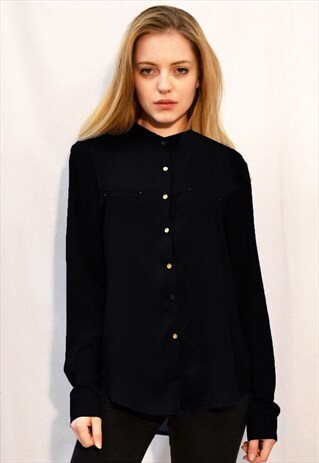 MANDARIN COLLAR PLAIN COLOR CHIFFON SHIRT IN BLACK