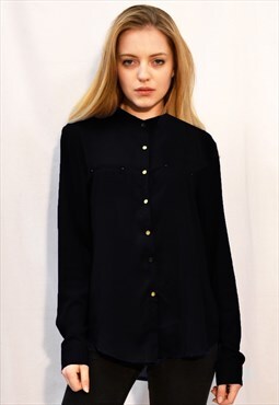 Mandarin Collar Plain color Chiffon Shirt in black