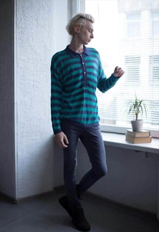 VINTAGE 70'S GREEN/GREY STRIPED LONG SLEEVED POLO SHIRT