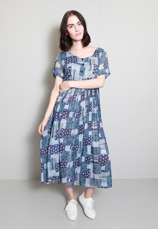 VINTAGE 1990'S BLUE FLORAL MIX PRINT LOOSE FIT MAXI DRESS