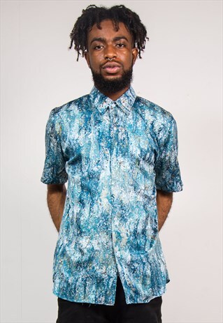 90'S VTG BLUE ART PAINTING STYLE WAVEY SHORT SLEEVE SHIRT