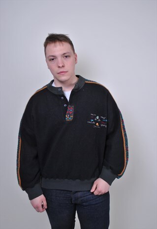 80S BLACK BUTTON FLEECE, VINTAGE OUTDOOR SWEATSHIRT