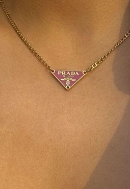 Repurposed Authentic Prada Pink plaque tag - Necklace