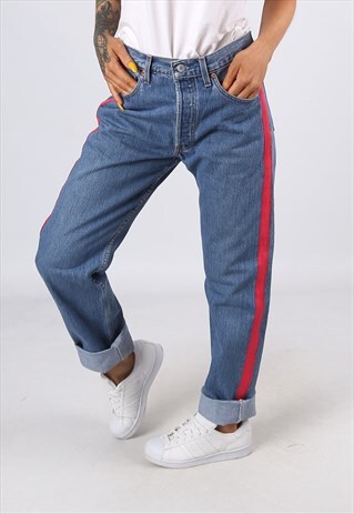 LEVIS 501'S DENIM JEANS REWORKED SIDE STRIPE UK 12 (D3AM)