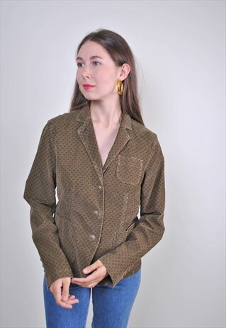 90S KHAKI GREEN PATTERN CORDUROY BLAZER, SIZE M