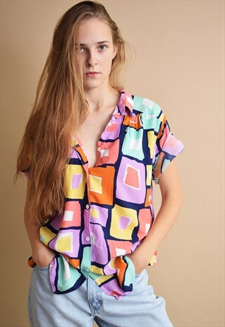 80'S RETRO ABSTRACT PRINT OVERSIZED BLOUSE TOP
