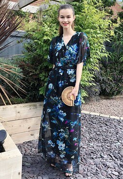 Short Sleeve Wrap Maxi Dress in Black blue Floral Print