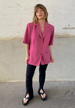 80s oversized linen blend shirt with shoulder pads in pink