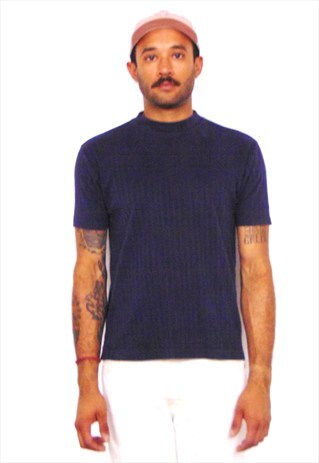 80S MINIMALIST RIBBED FADED BLUE MOCK NECK FITTED TEE MEDIUM