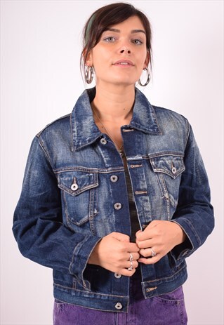 REPLAY WOMENS VINTAGE DENIM JACKET MEDIUM NAVY BLUE 90S