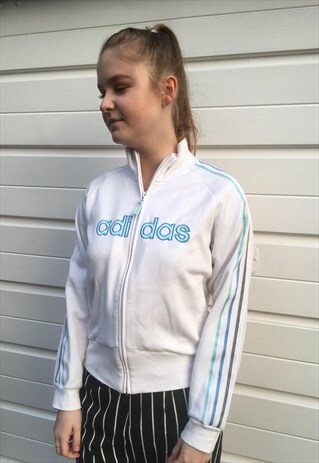WOMENS VINTAGE ADIDAS WHITE BLUE SPORTS ZIPPER JACKET TOP
