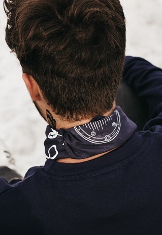 'BRAVE FREE WILD AS THE SEA' HAND PRINTED BANDANA IN BLUE