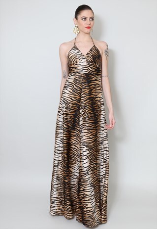 70'S VINTAGE LADIES DRESS TIGER ANIMAL PRINT HALTER MAXI