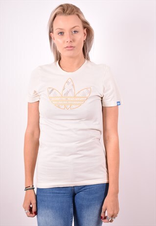 ADIDAS WOMENS VINTAGE T-SHIRT TOP SMALL BEIGE 90S
