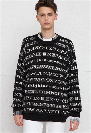 VINTAGE BLACK WHITE ROUND NECK KNIT JUMPER SWEATER
