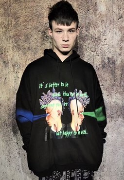 Punk print hoodie neon graffiti raver y2k pullover black
