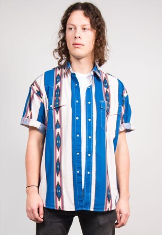 90'S WESTERN STYLE STRIPE AZTEC SHORT SLEEVE SHIRT