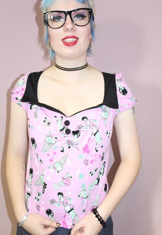 VINTAGE PIN-UP ZOMBIE GIRL PRINT ZIP-UP PINK TOP