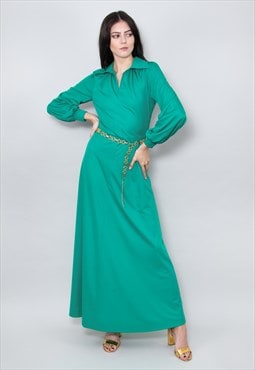 70's Vintage Long Sleeve Green Dagger Collar Maxi Dress