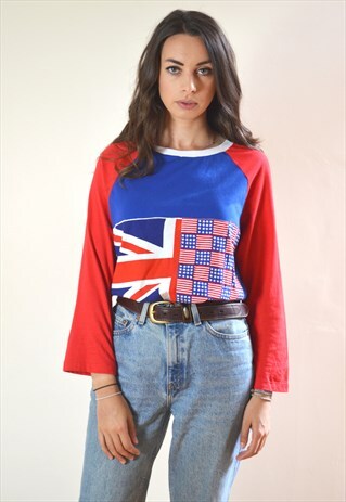 90'S VINTAGE USA & GREAT BRITAIN FLAG LONG SLEEVE T SHIRT
