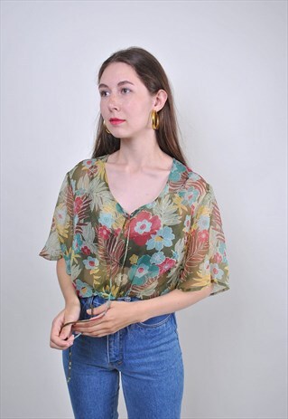 VINTAGE TRANSPARENT FLOWERS BLOUSE, VOCATION SHIRT, SIZE L