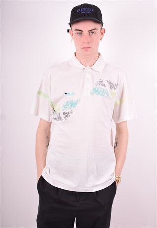 FILA MENS VINTAGE POLO SHIRT MEDIUM WHITE 90'S