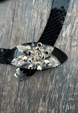 70's Vintage Black Snake Plastic Silver Floral Ladies Belt