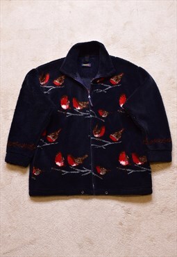 Women's Vintage 90s Navy Robin Pattern Fleece Jacket