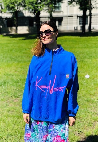 KEY WEST FLORIDA WINDBREAKER JACKET BLUE NEON VINTAGE SURF