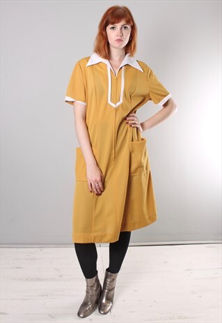 VINTAGE 70S MUSTARD YELLOW COLLARED DRESS