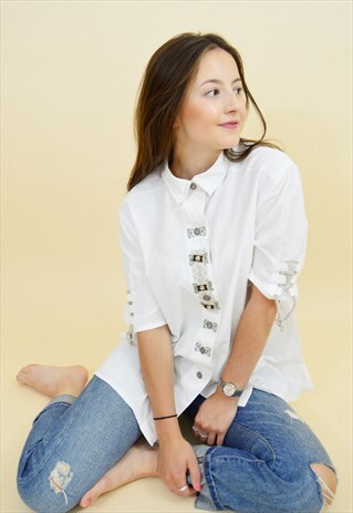 VINTAGE 90'S BOHO COTTON EMBROIDERED WHITE SHIRT